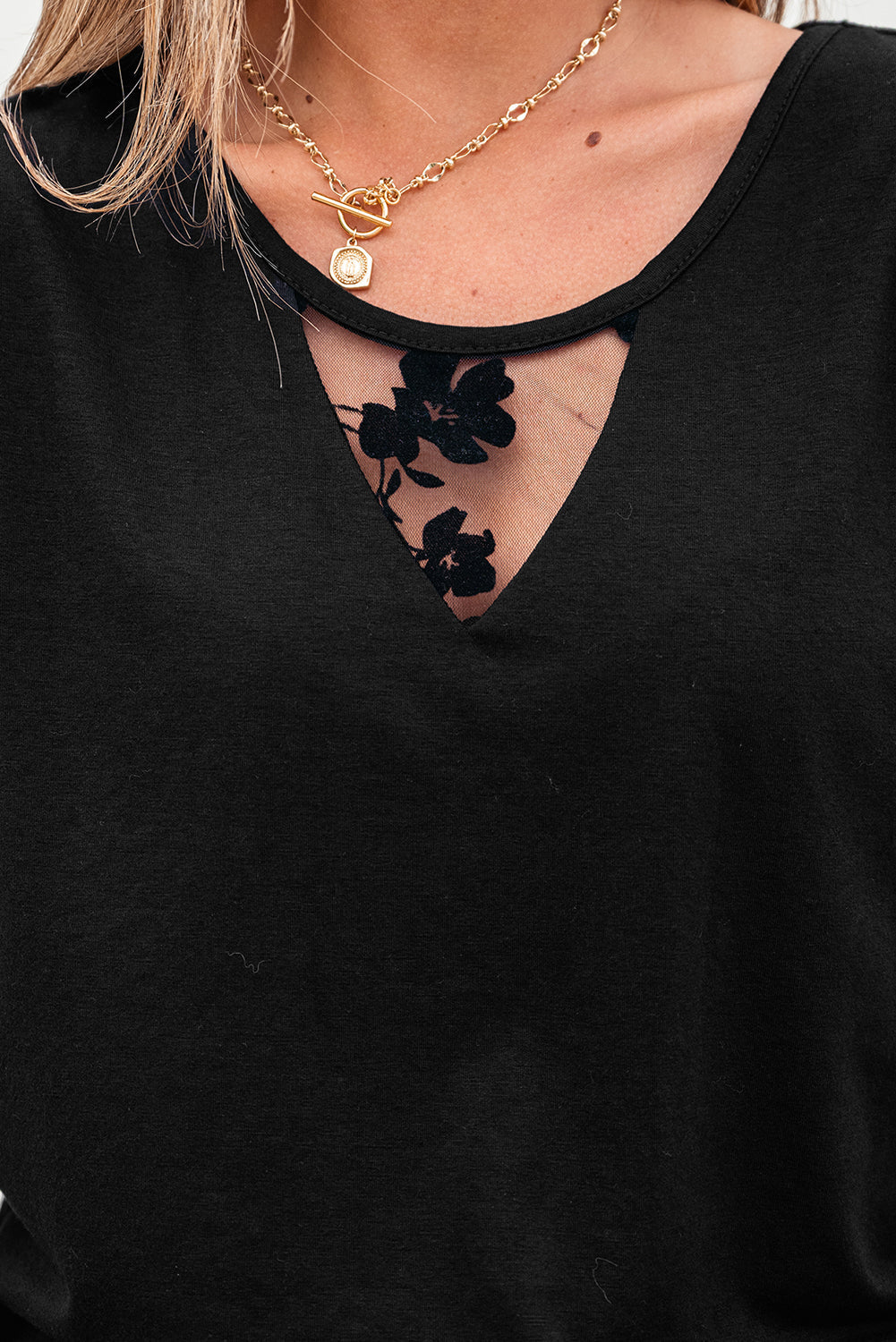 Black Flora Lace Patchwork Crew Neck T Shirt eAura