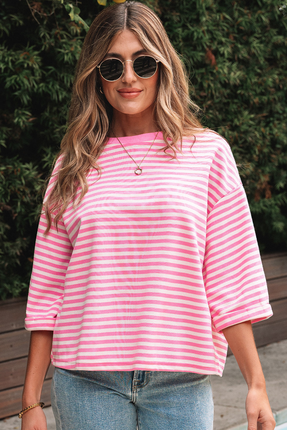 Pink Stripe Bowknot Cutout Back Drop Shoulder Wide Bracelet Sleeve Loose Tee eAura