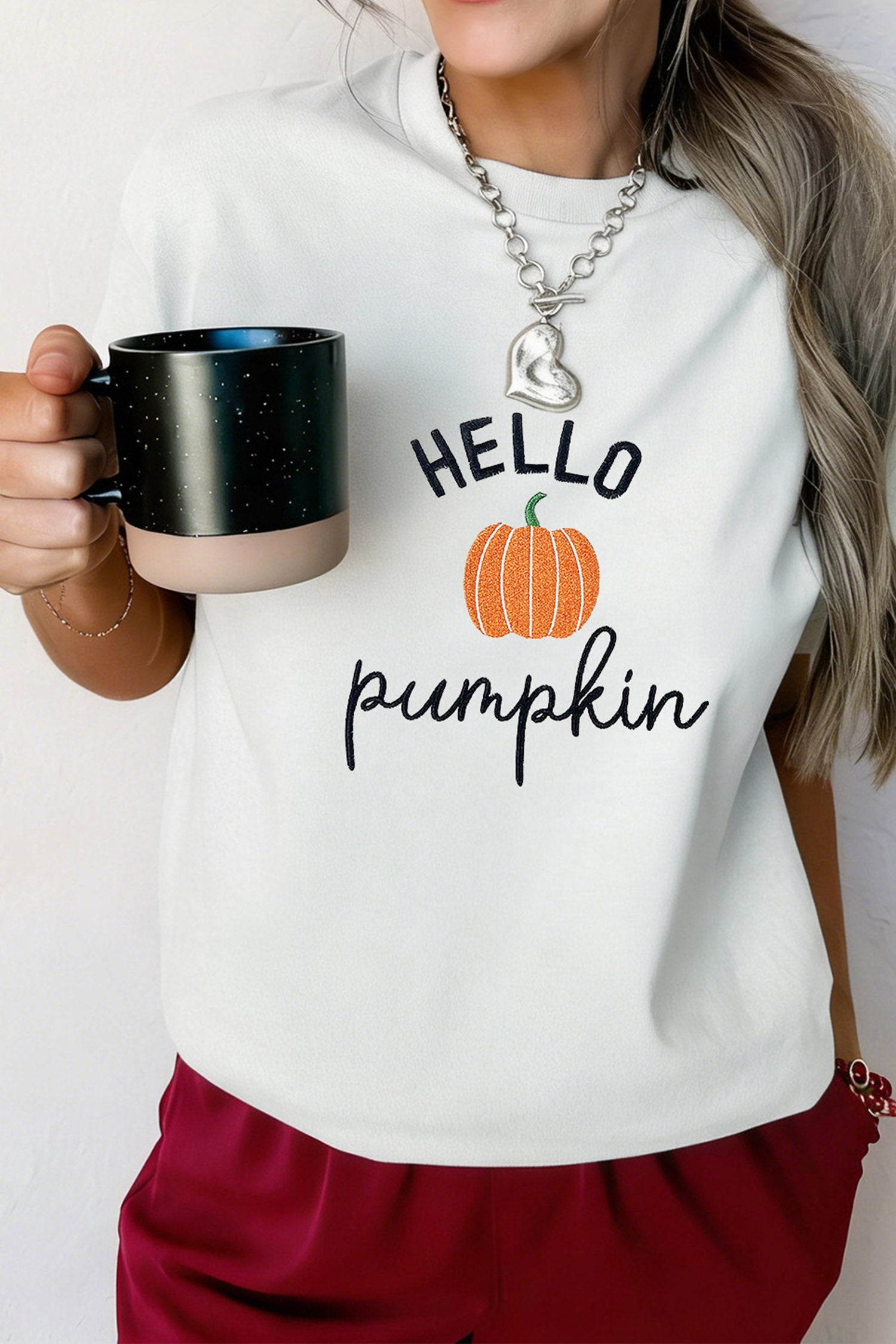 Embroidered Pumpkin Slogan Short Sleeve T-Shirt – White