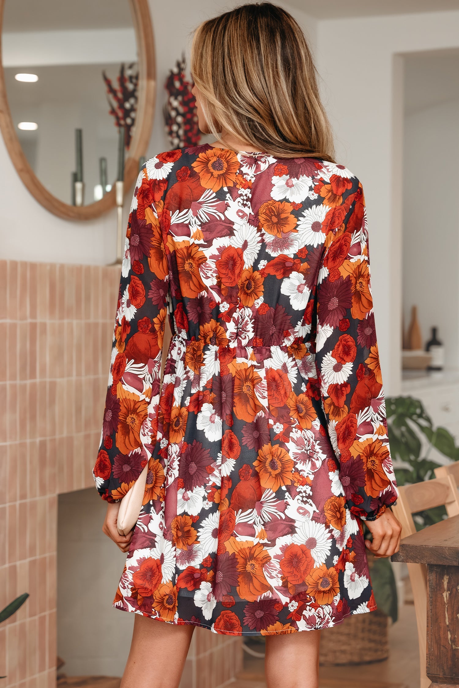 Floral Print Wrap V-Neck Puff Sleeve Flowy Mini Dress - Dresses/Floral Dresses