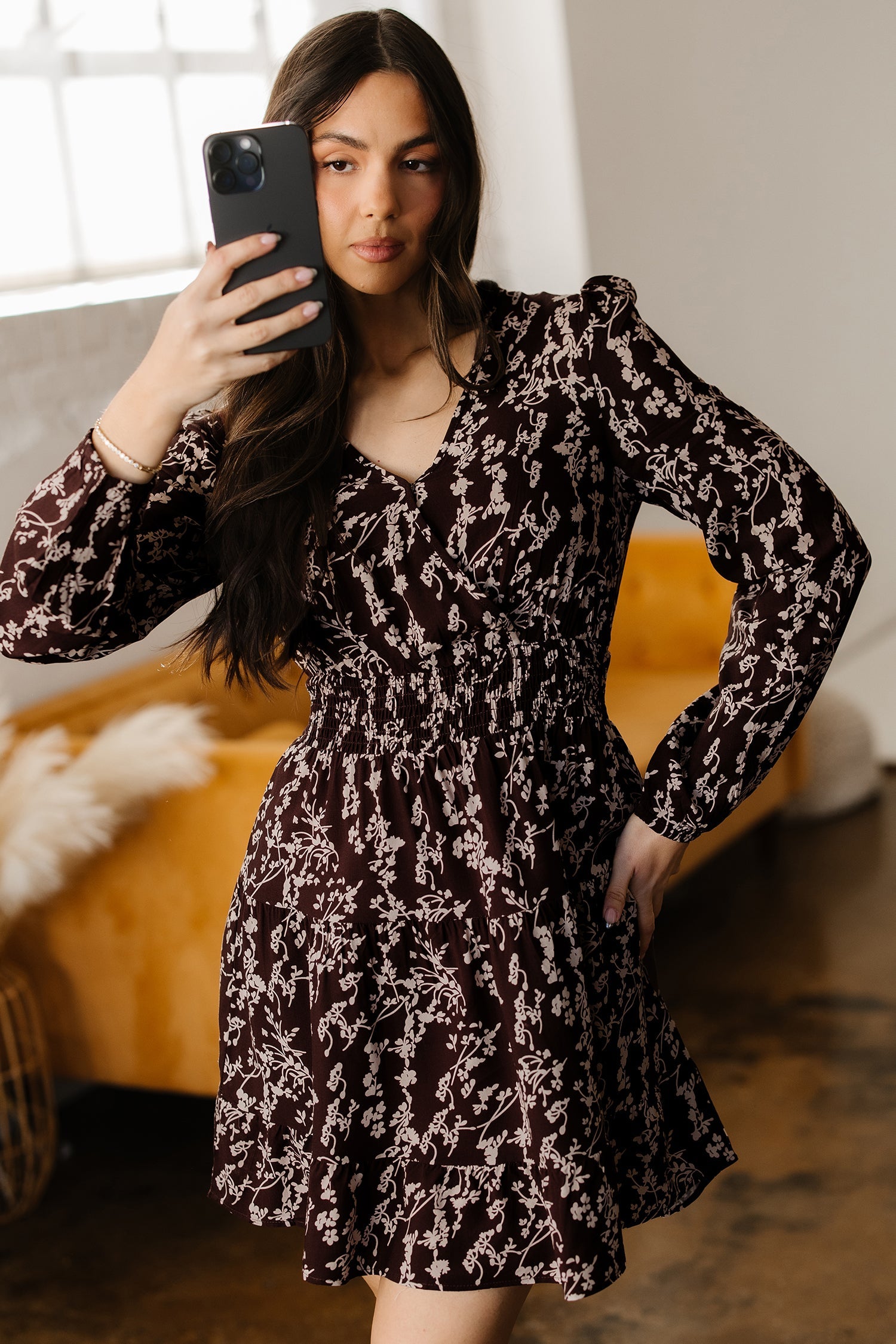 Ditsy Floral Print Split Neck Long Sleeve Shirred Waist Flared Mini Dress - Dresses/Mini Dresses