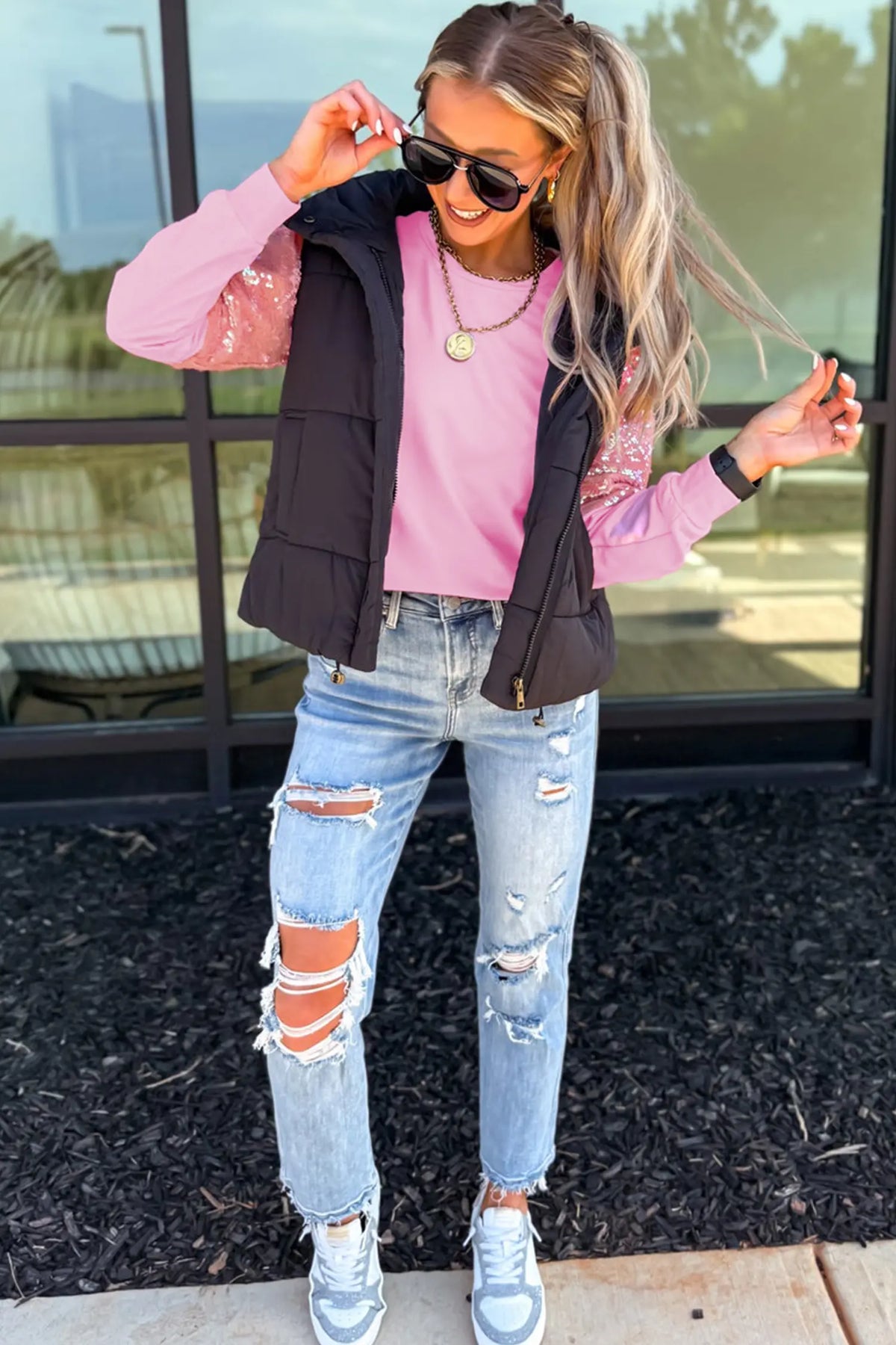 Long Sleeve Sequin Round Neck Pullover Top – Pink