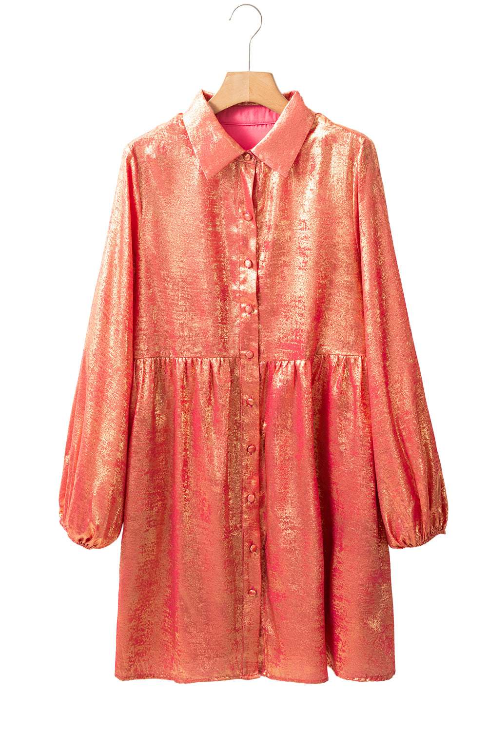 Peach Blossom Metallic Sheen Puff Sleeve Button Up Mini Shirt Dress eAura