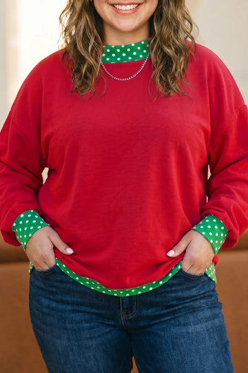 Polka Dot Patchwork Round Neck Plus Size Sweatshirt – Racing Red