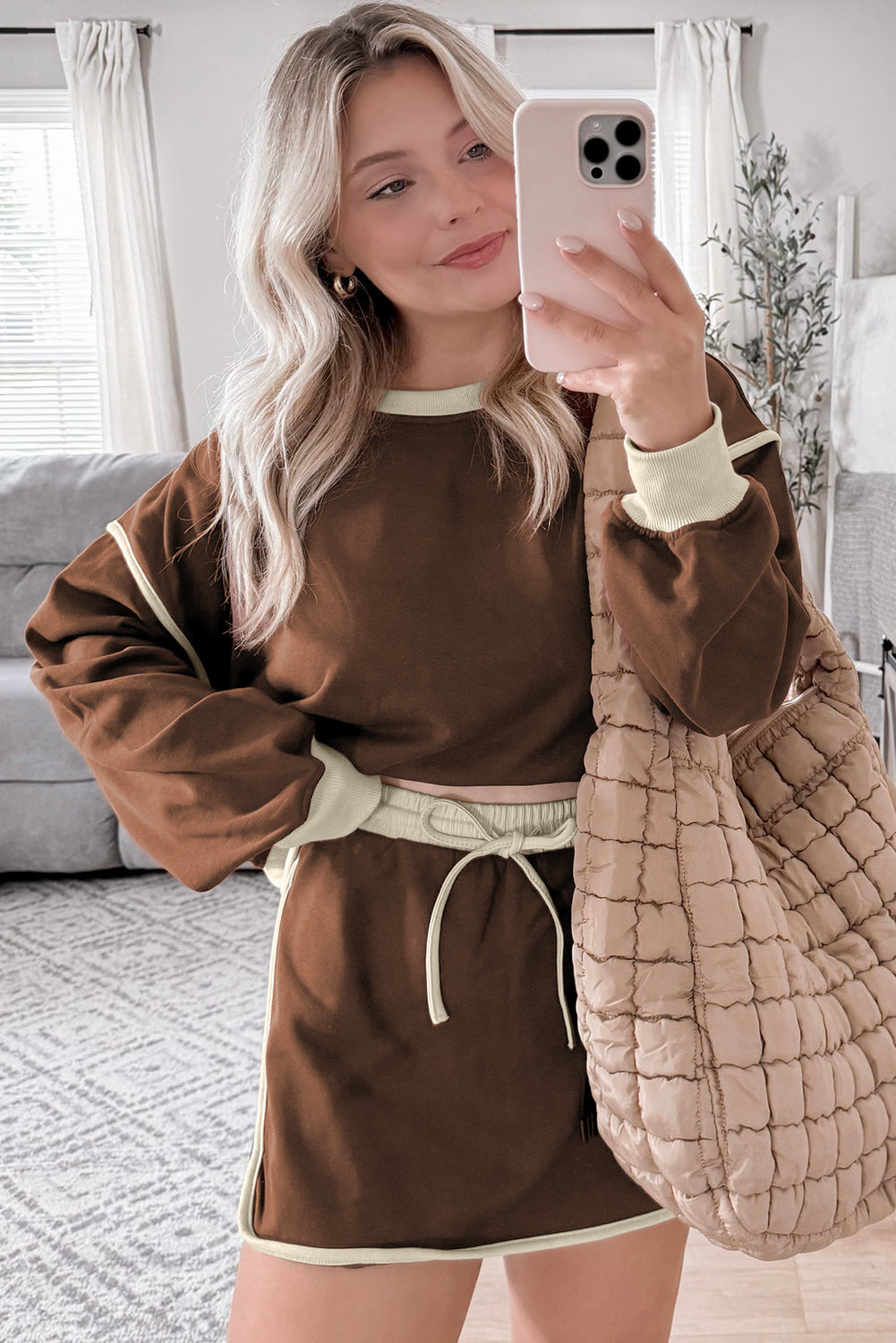 Coffee Colour Contrast Loose Pullover and Lace-up Waist Skort Set eAura