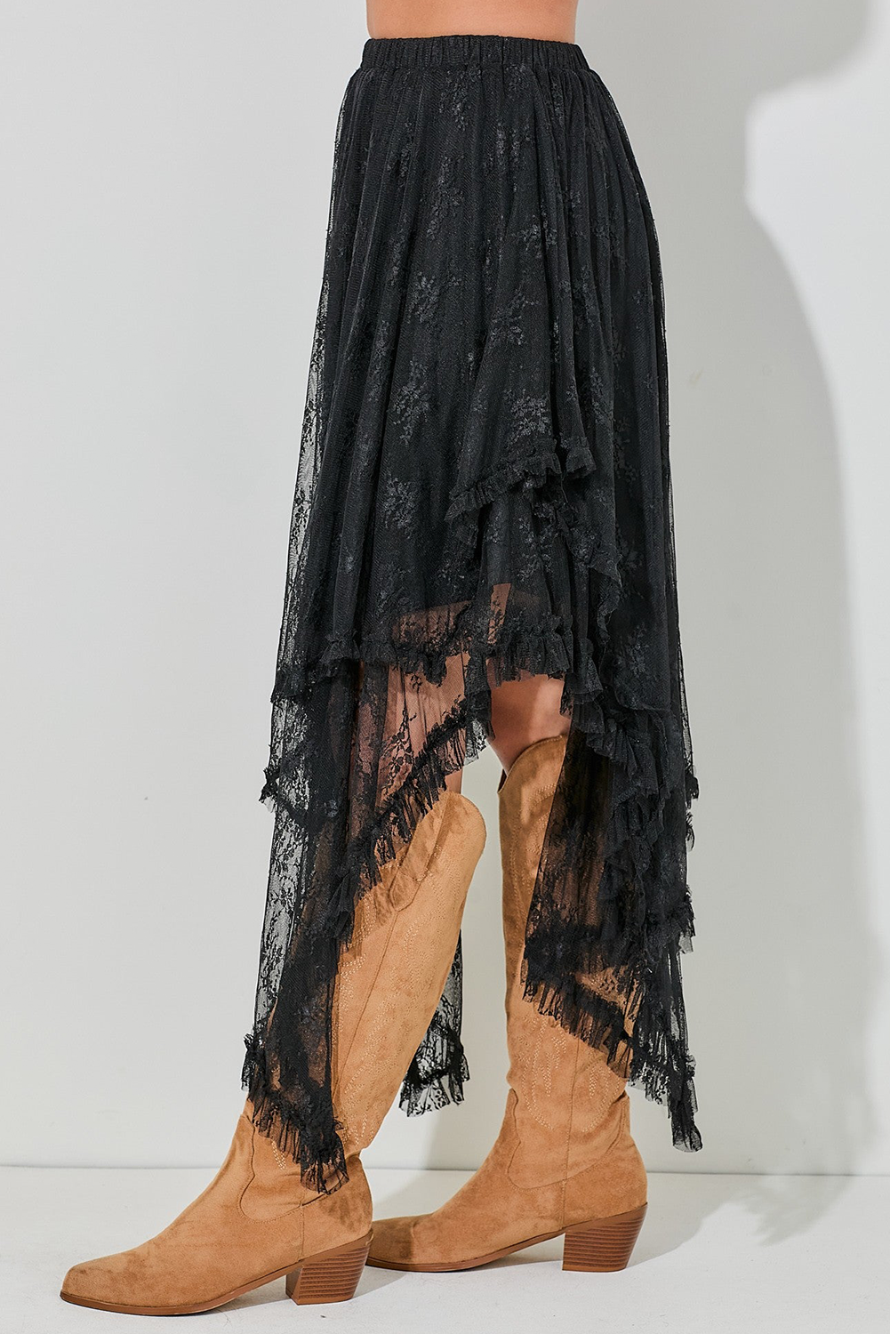 Black Lace Cascading Tiered High Waist Maxi Skirt - eAura