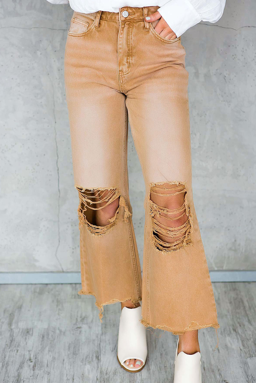 Black Distressed Hollow-out High Waist Cropped Flare Jeans Beagle Boutique Fashion Outlet