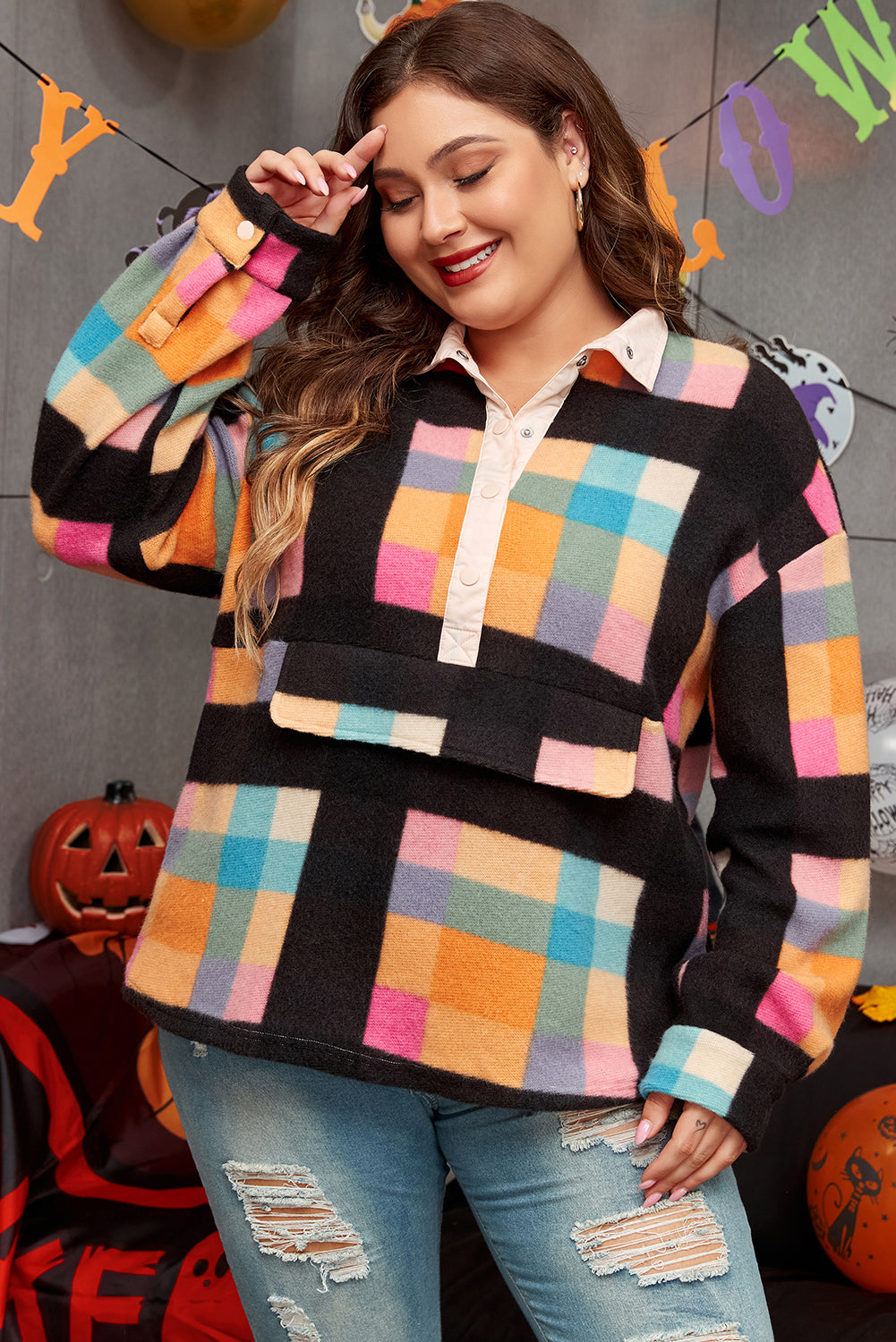 Black Plus Size Checkered Print Sherpa Henley Sweatshirt BB Fashion Outlet