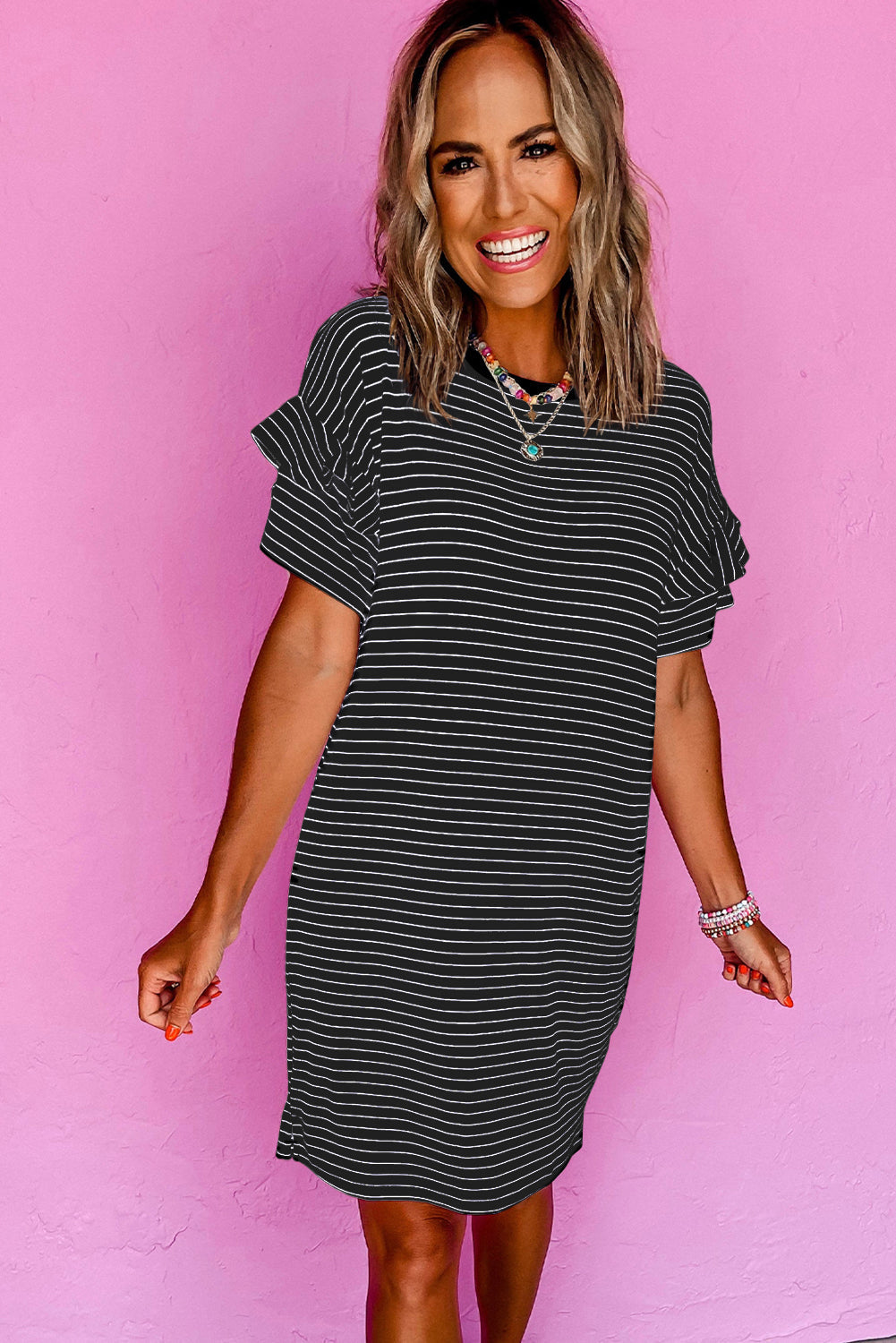 Black Stripe Ruffled Short Sleeve Crew Neck T Shirt Shift Mini Dress eAura