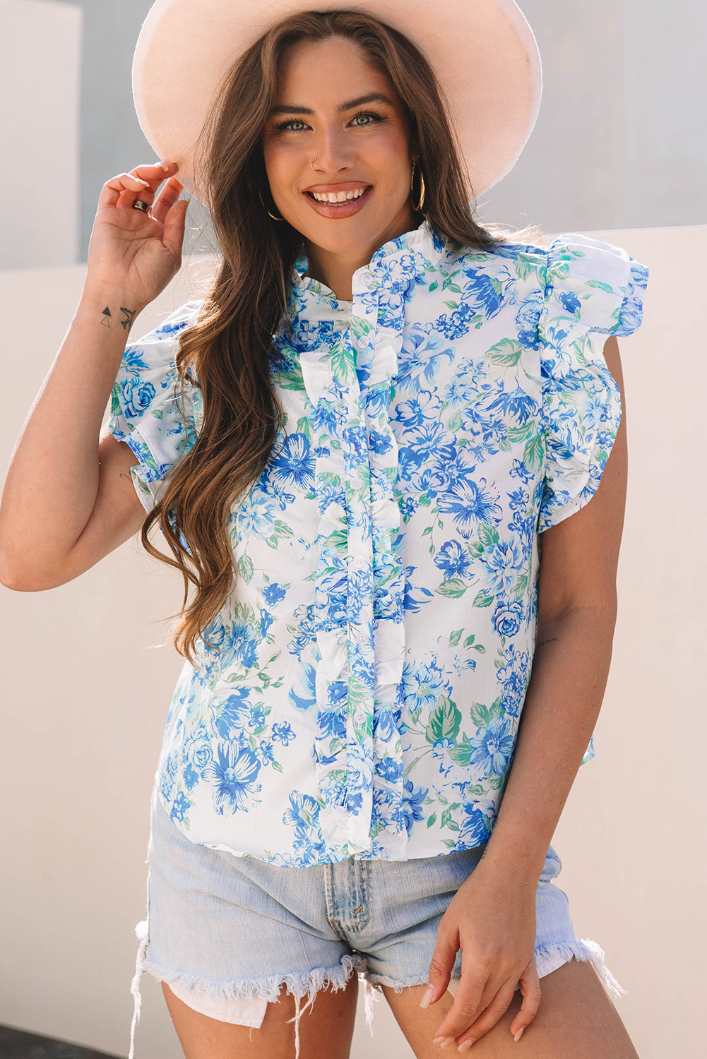 Sky Blue Floral Print Ruffle Sleeve Frilly Button Up Shirt eAura