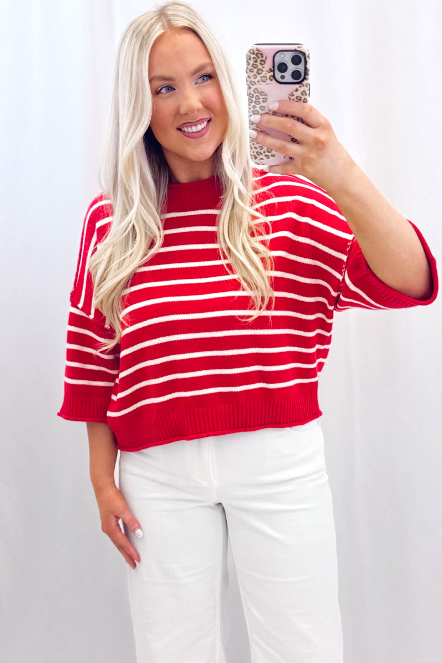 Dropped Shoulder Half Sleeve Relaxed Knit Sweater – Red Stripe