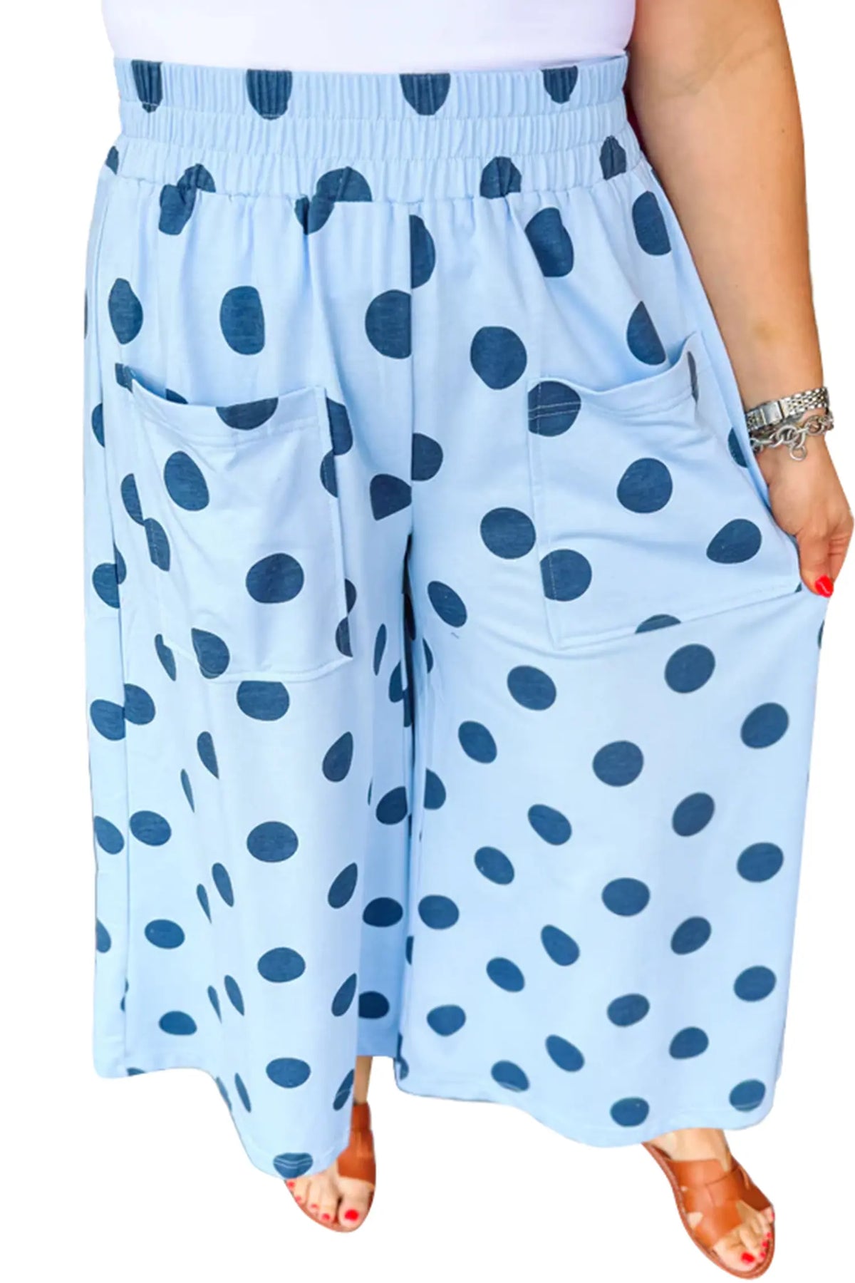 Polka Dot Elastic Waist Wide Leg Plus Size Pants – Khaki