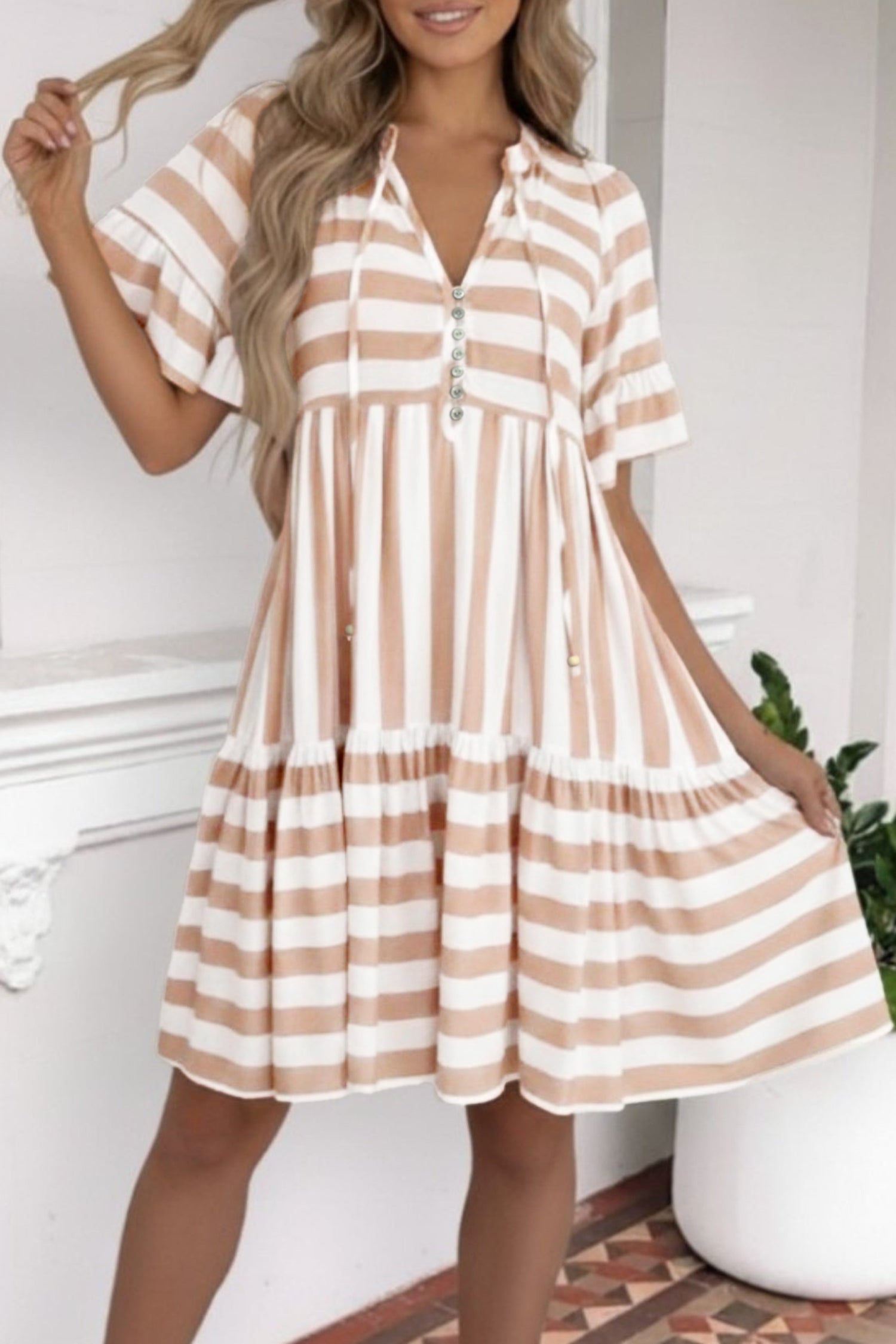 Khaki Stripe V Neck Ruffle Sleeve Flared Summer Dress
