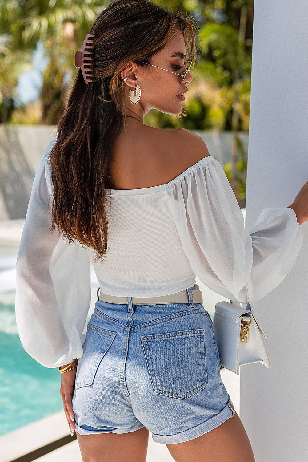 White Drawstring Front Sheer Puff Sleeve Crop Top eAura