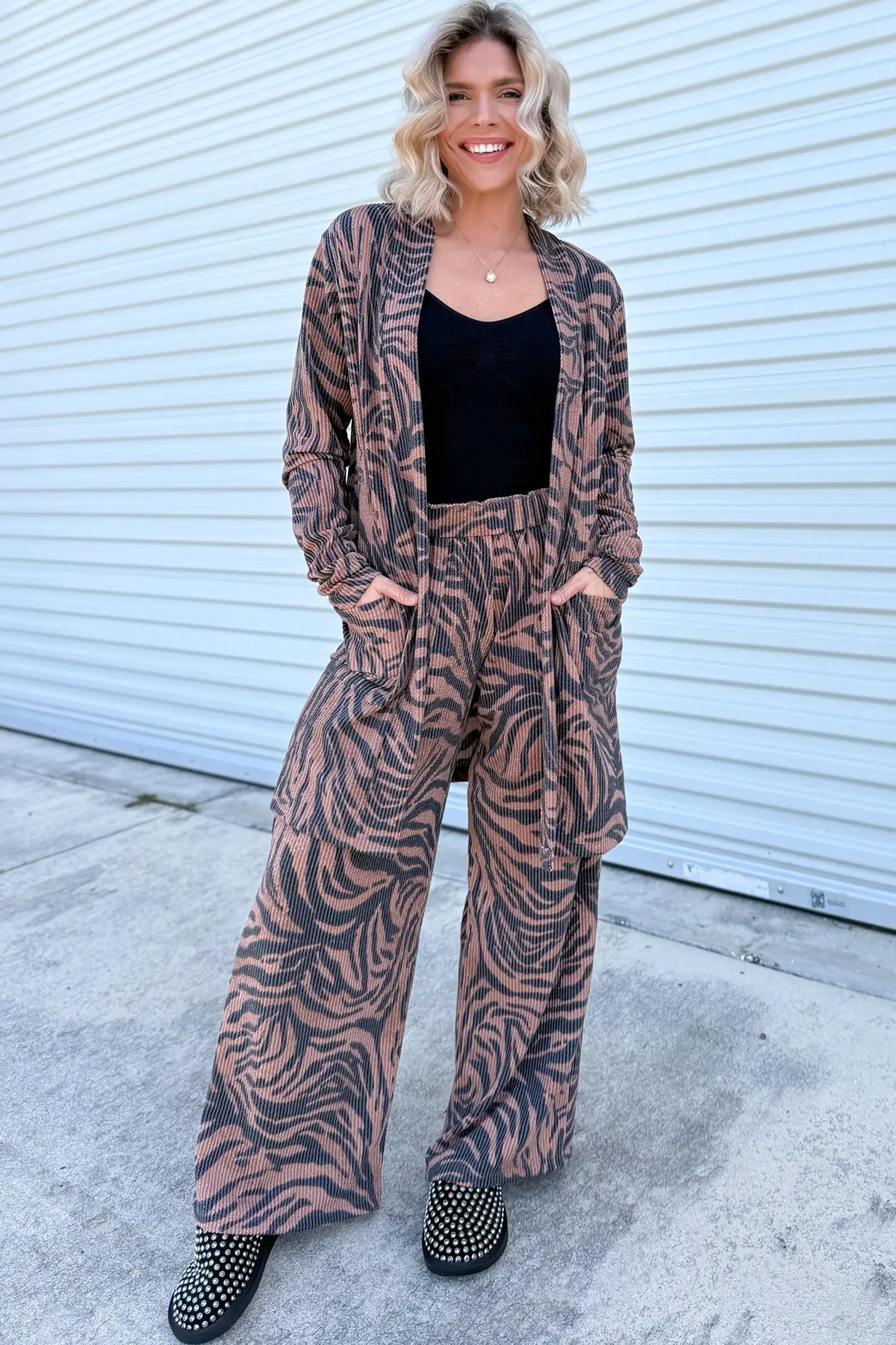 Khaki Twisted Ribbed Zebra Print Open Cardigan Wide Leg Pant Set