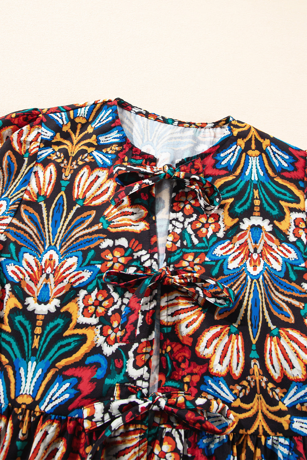 Black Tropical Print Bubble Sleeve Knot Front Blouse eAura