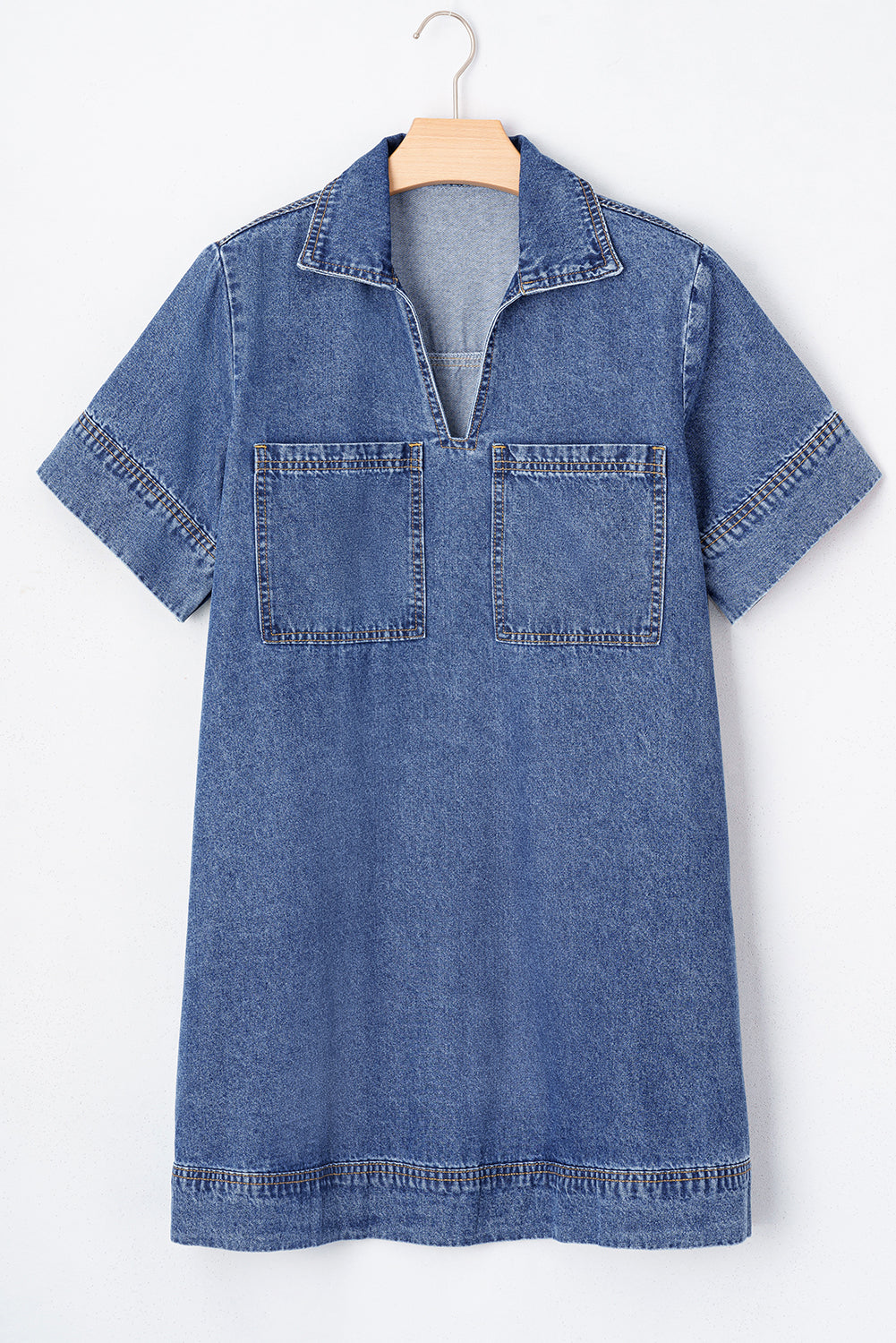 Blue Short Sleeve Collared Patched Pocket Denim Mini Dress eAura