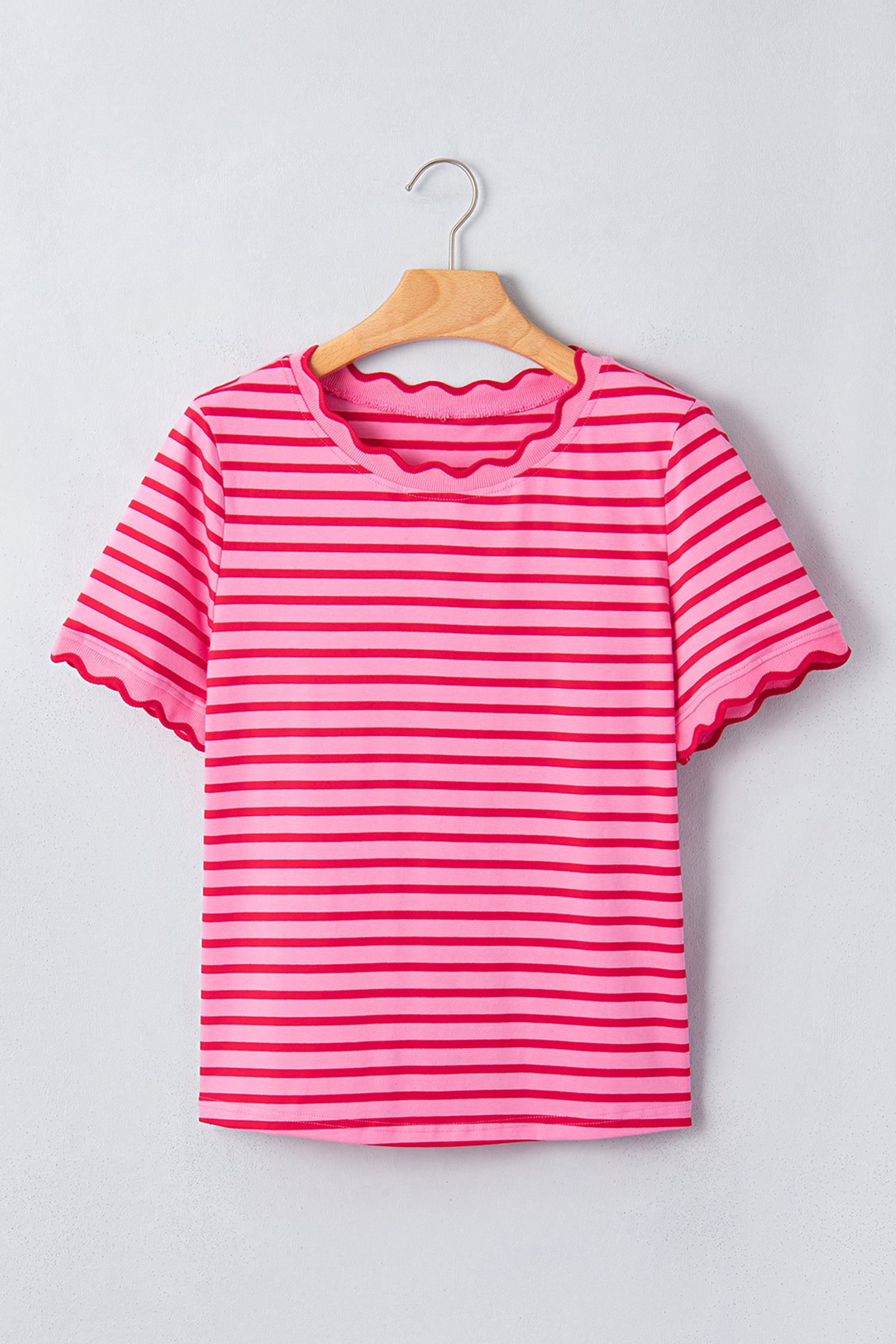 Stripe Scalloped Trim Round Neck T-Shirt