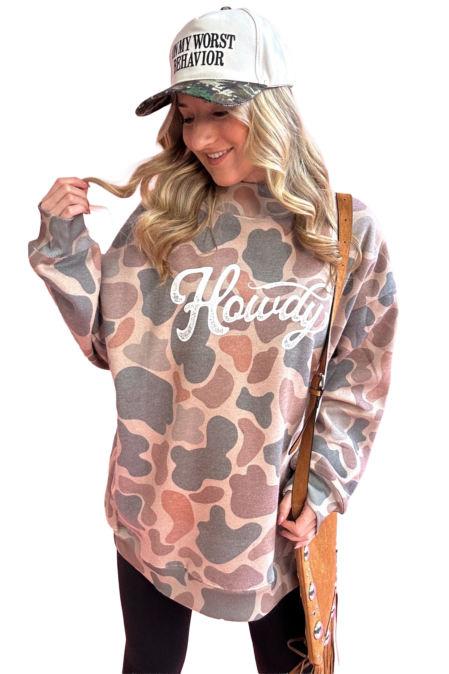 Camo Print Howdy Western Style Baggy Pullover Sweatshirt – Multicolour