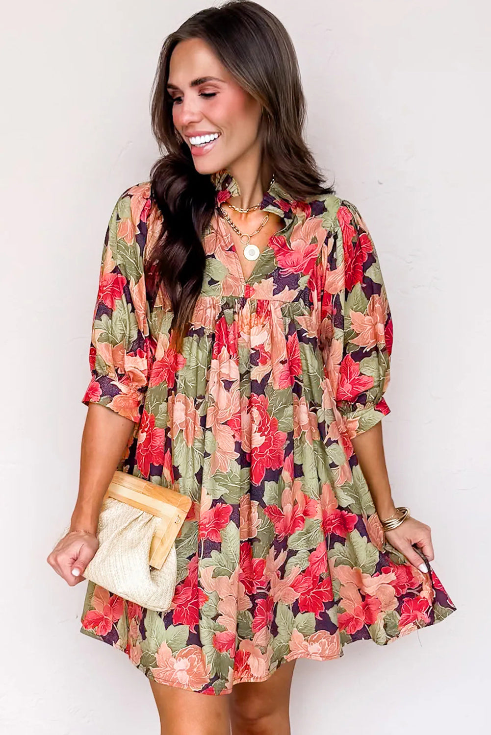 Floral Print Frilled Collar V-Neck Half Sleeve Mini Dress - eAura