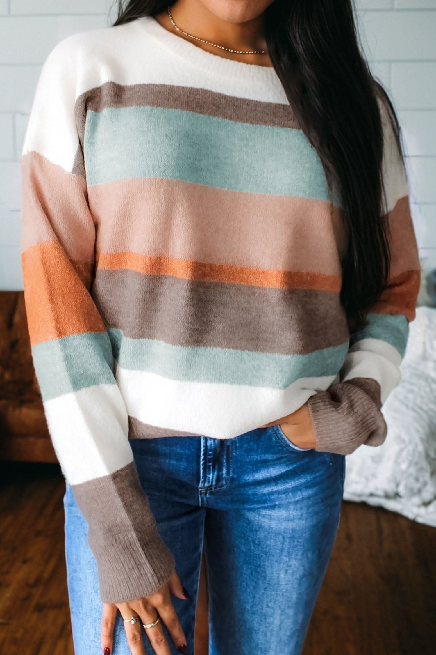 Striped Knit Drop Shoulder Sweater - eAura