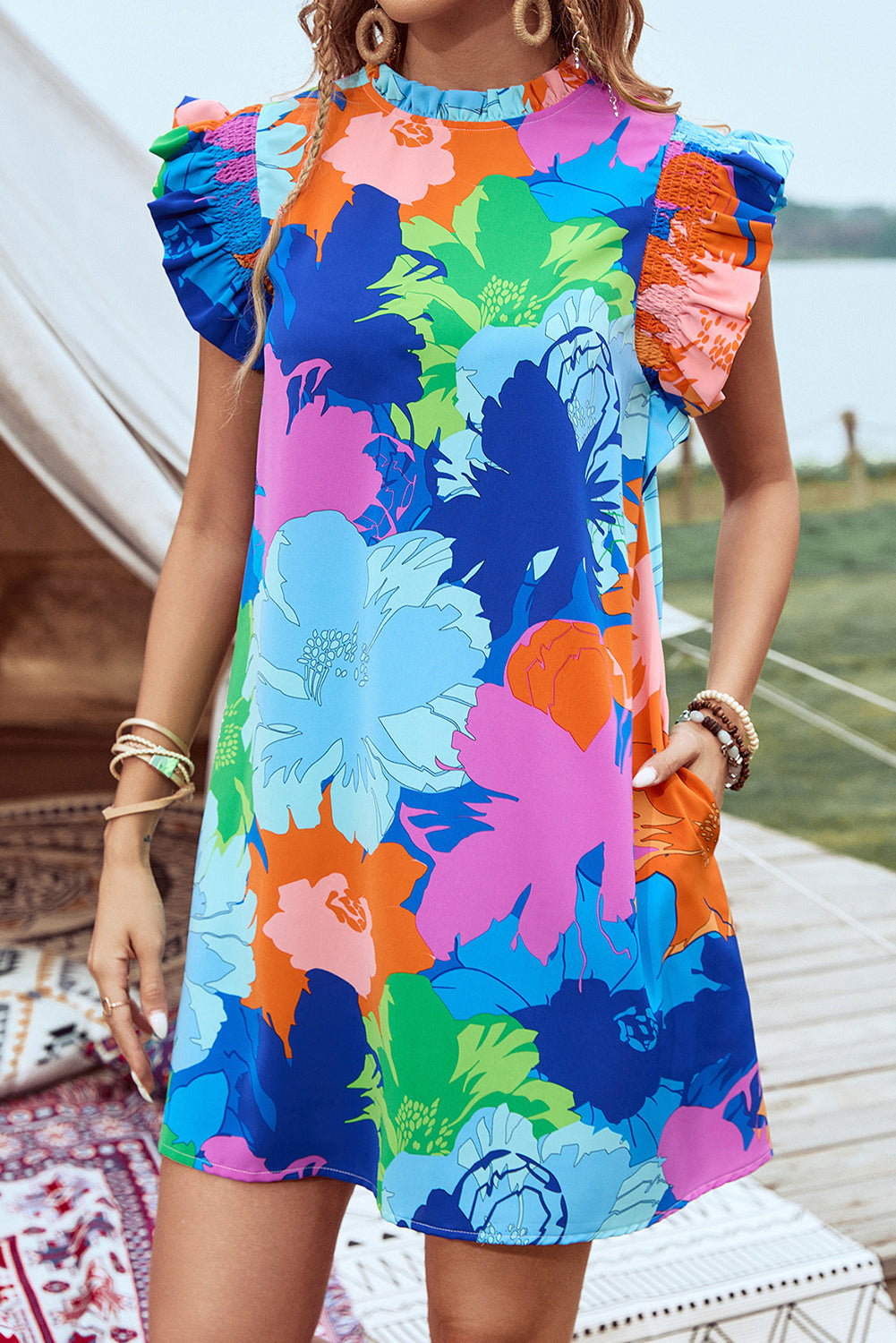 Blue Bold Floral Flutter Sleeve Shift Mini Dress with Pockets eAura