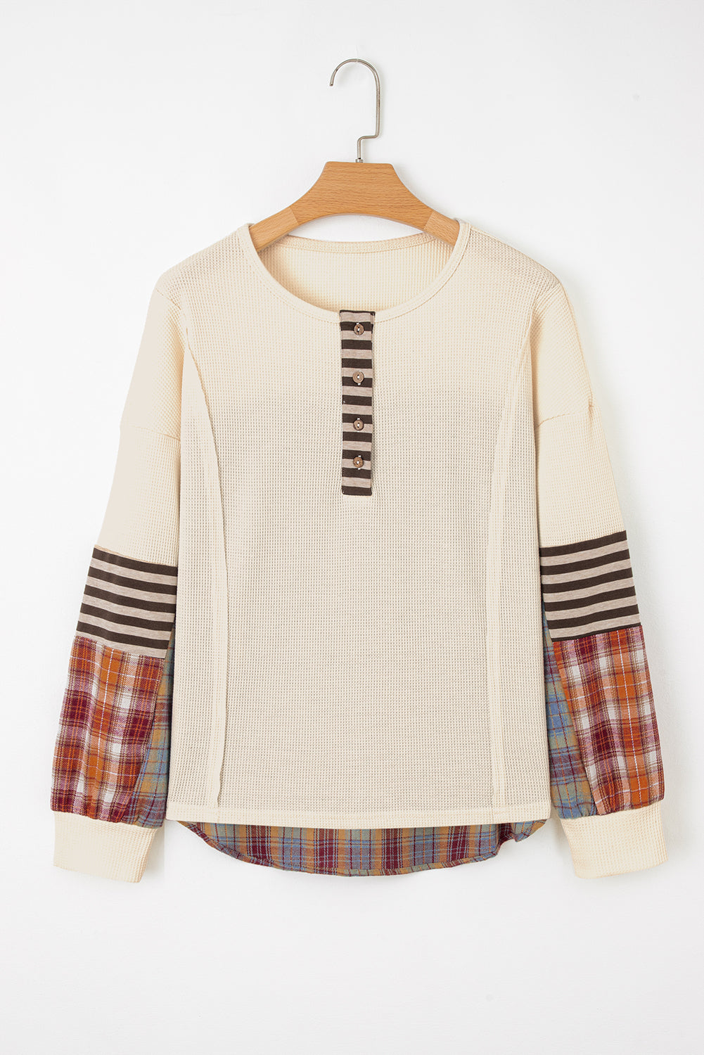 Waffle Striped Plaid Patchwork Henley Knit Top - eAura