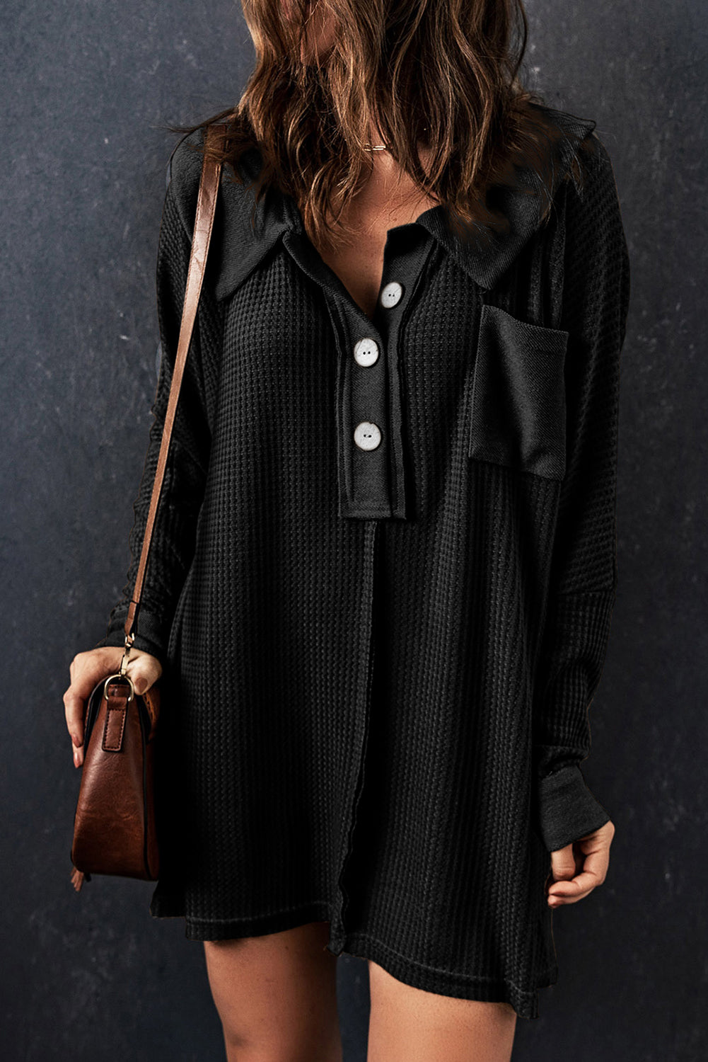 Brown Waffle Knit Buttoned Long Sleeve Top eAura
