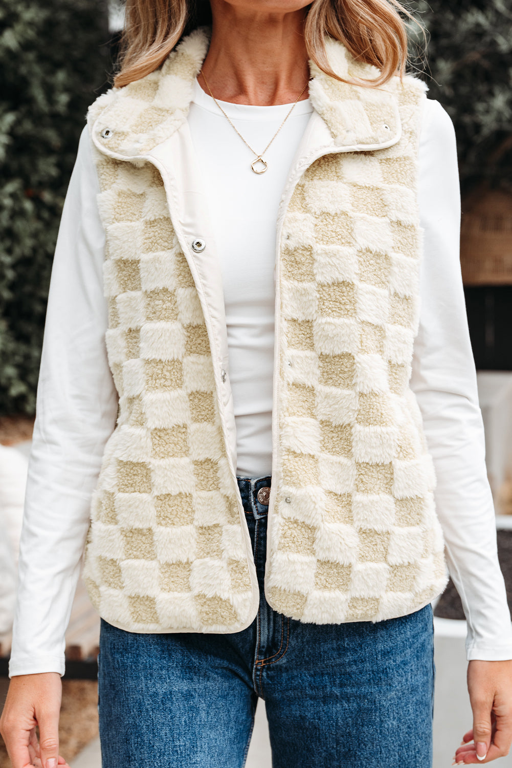 Sherpa Checkerboard Snap Button Gilet Jacket With Pocket eAura