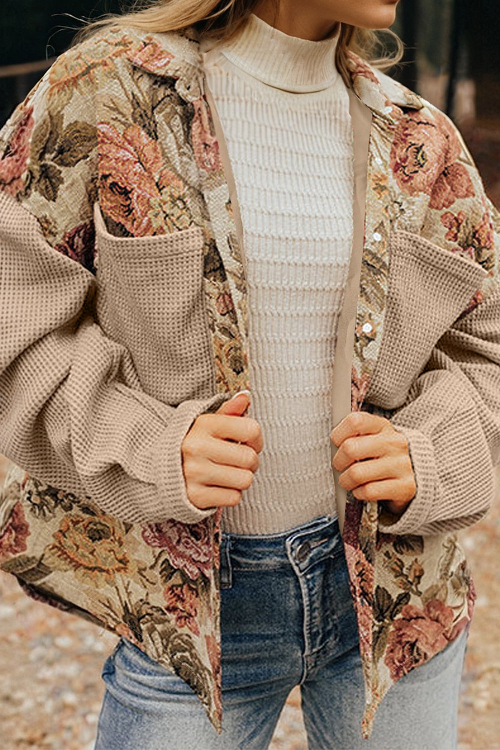 Khaki Floral Waffle Patchwork Chest Pockets Buttoned Jacket eAura