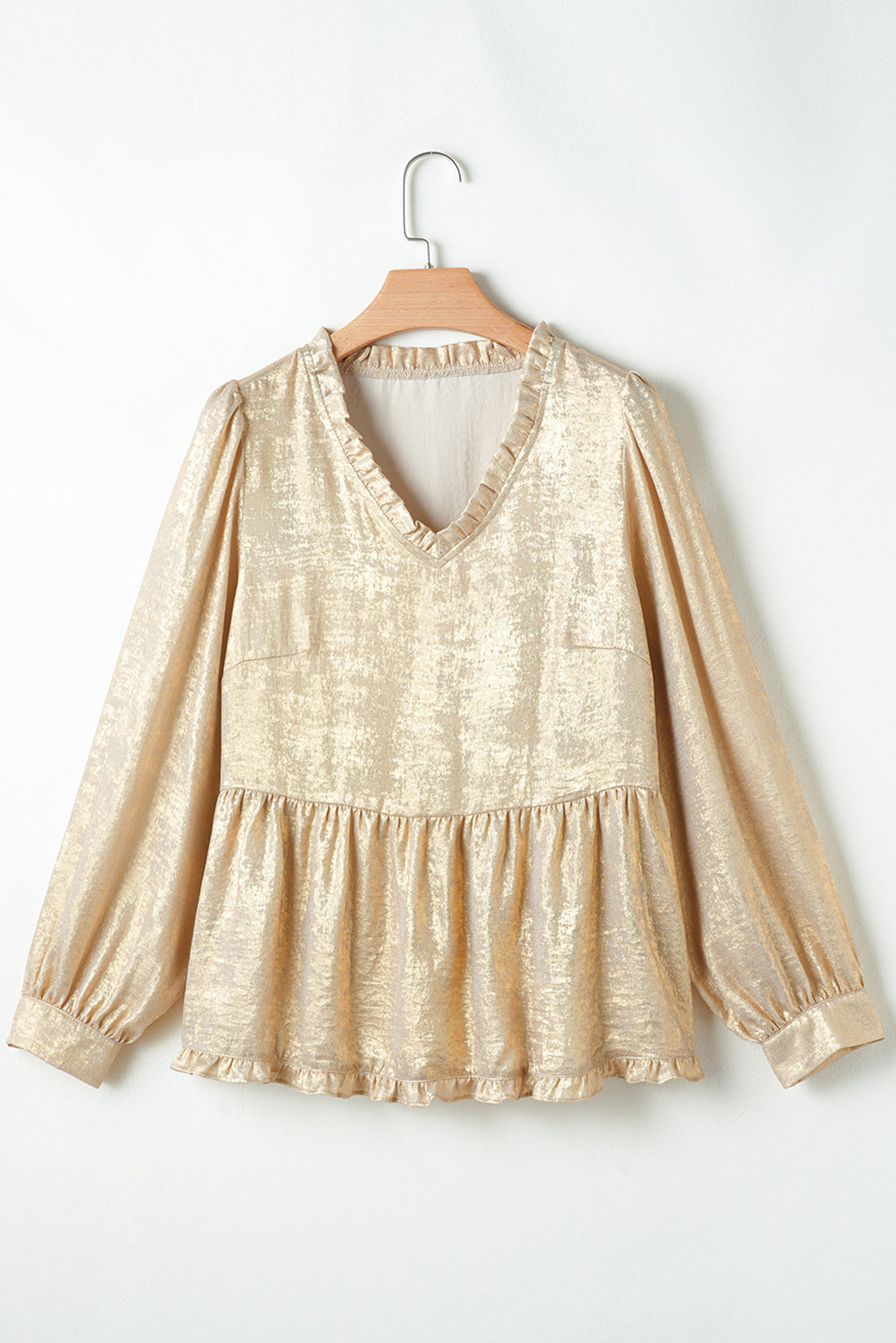 Gold Metallic Frilled V Neck Puff Sleeve Babydoll Blouse Beagle Boutique Fashion Outlet