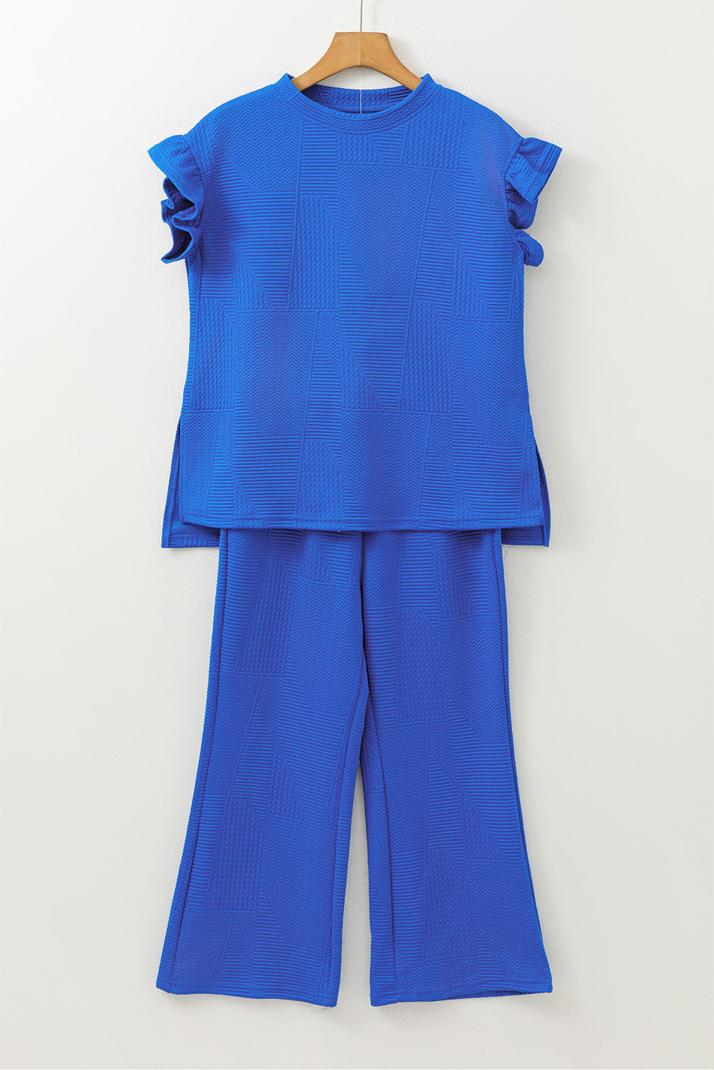 Dark Blue Ruffled Sleeve Summer Top and Cropped Loose Pants Set BB Fashion Outlet