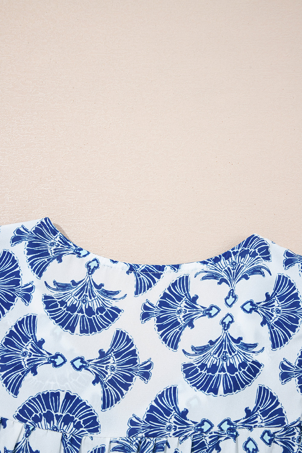 Blue Geometric Print Tassel Drawstring V-Neck Blouse eAura