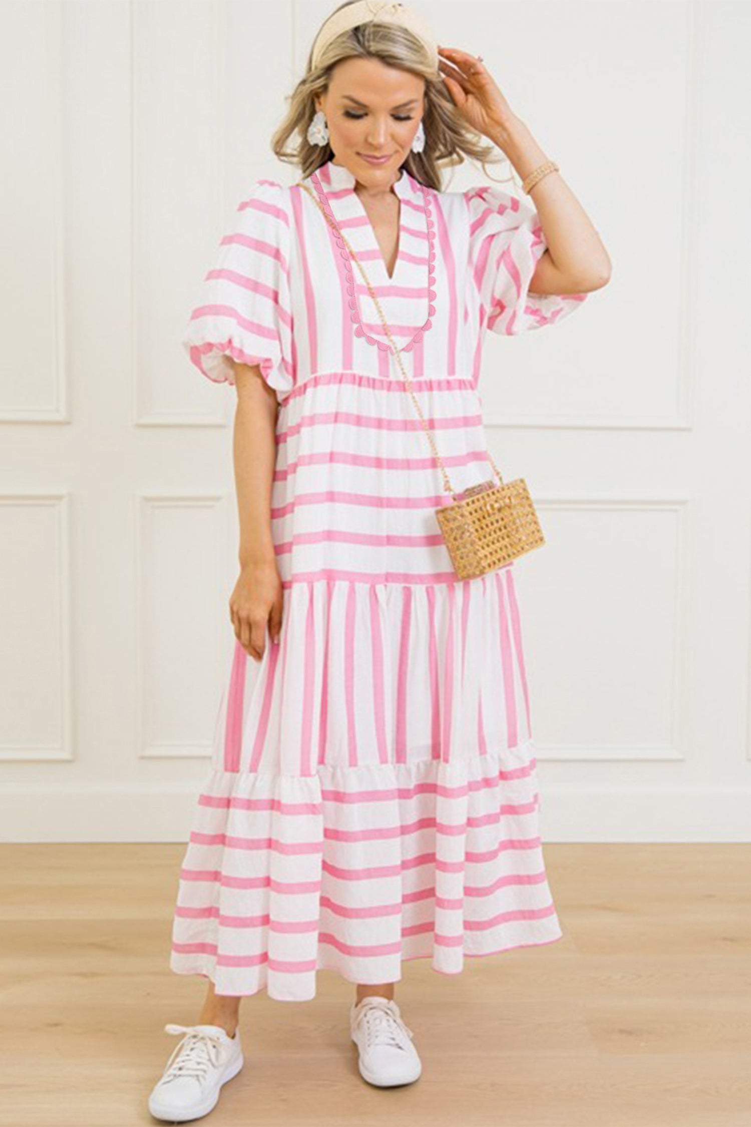 Stripe RicRac Trim Notched Neck Half Sleeve Long Dress