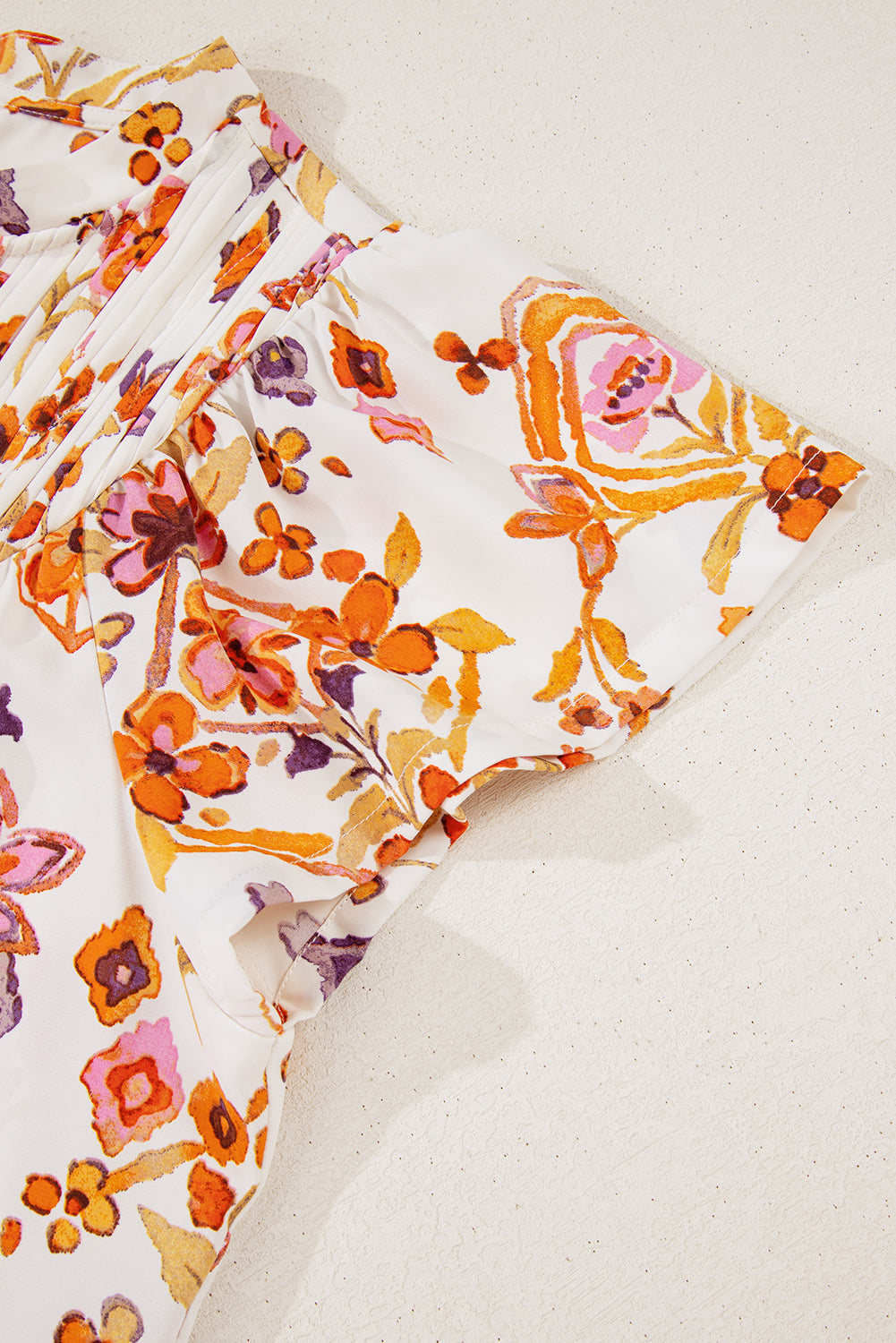 Apricot Floral Geometric Print Ruffled Trim Flutter Sleeve Mini Dress eAura