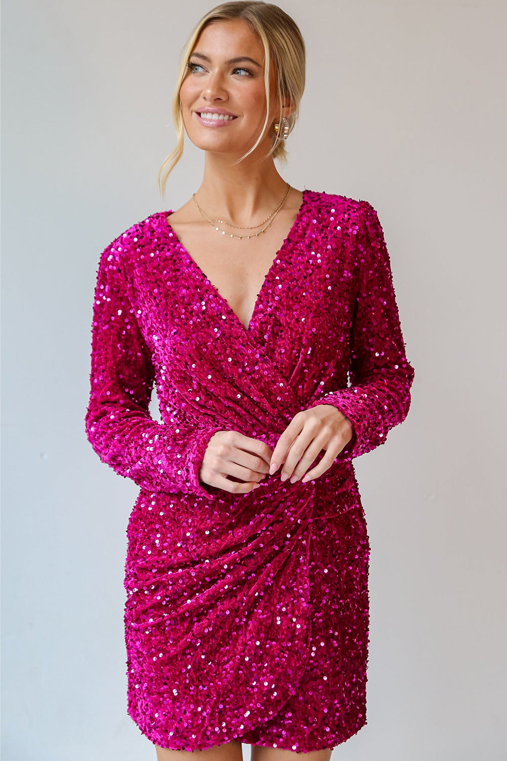 Sequin Long Sleeve V-Neck Wrapped Mini Dress - eAura