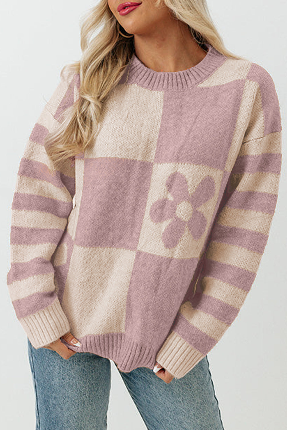Brown Checkered Floral Print Striped Sleeve Sweater eAura