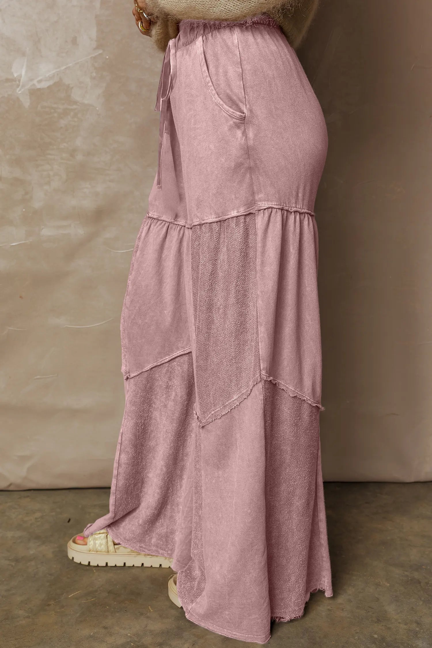 Vineyard Green Mineral Wash Tiered Wide Leg Patchwork Drawstring Pants