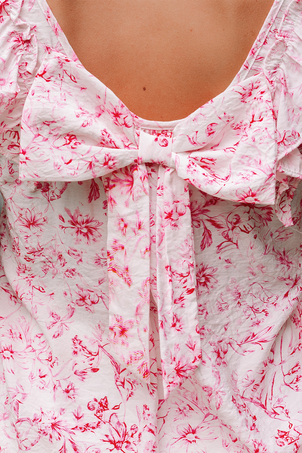 Floral Ruffled Short Sleeve Bow Back Square Neck Blouse eAura