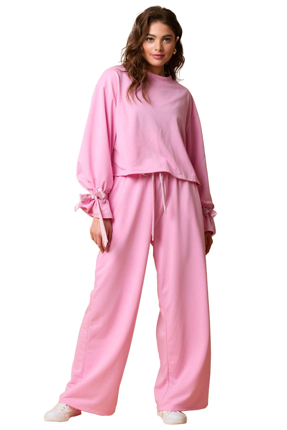 Bonbon Solid Colour Drawstring Long Sleeve Top and Trousers Set eAura