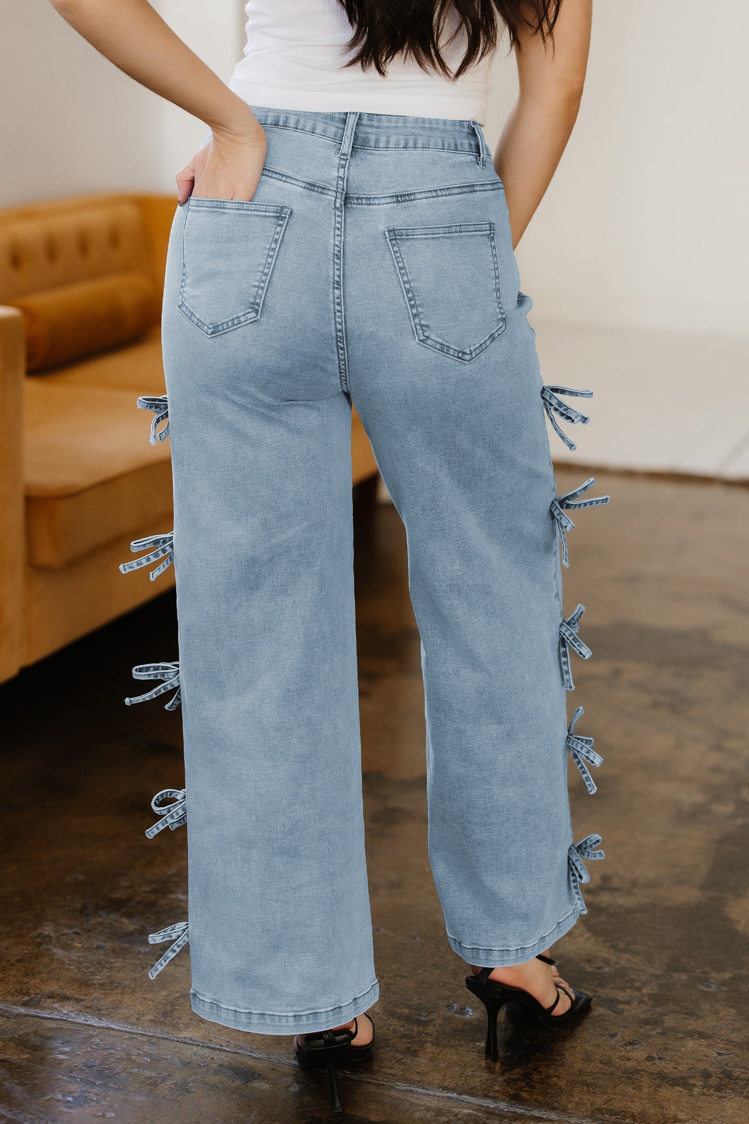 Bow Knot Side Detail Straight Leg Loose Jeans - Bottoms/Jeans