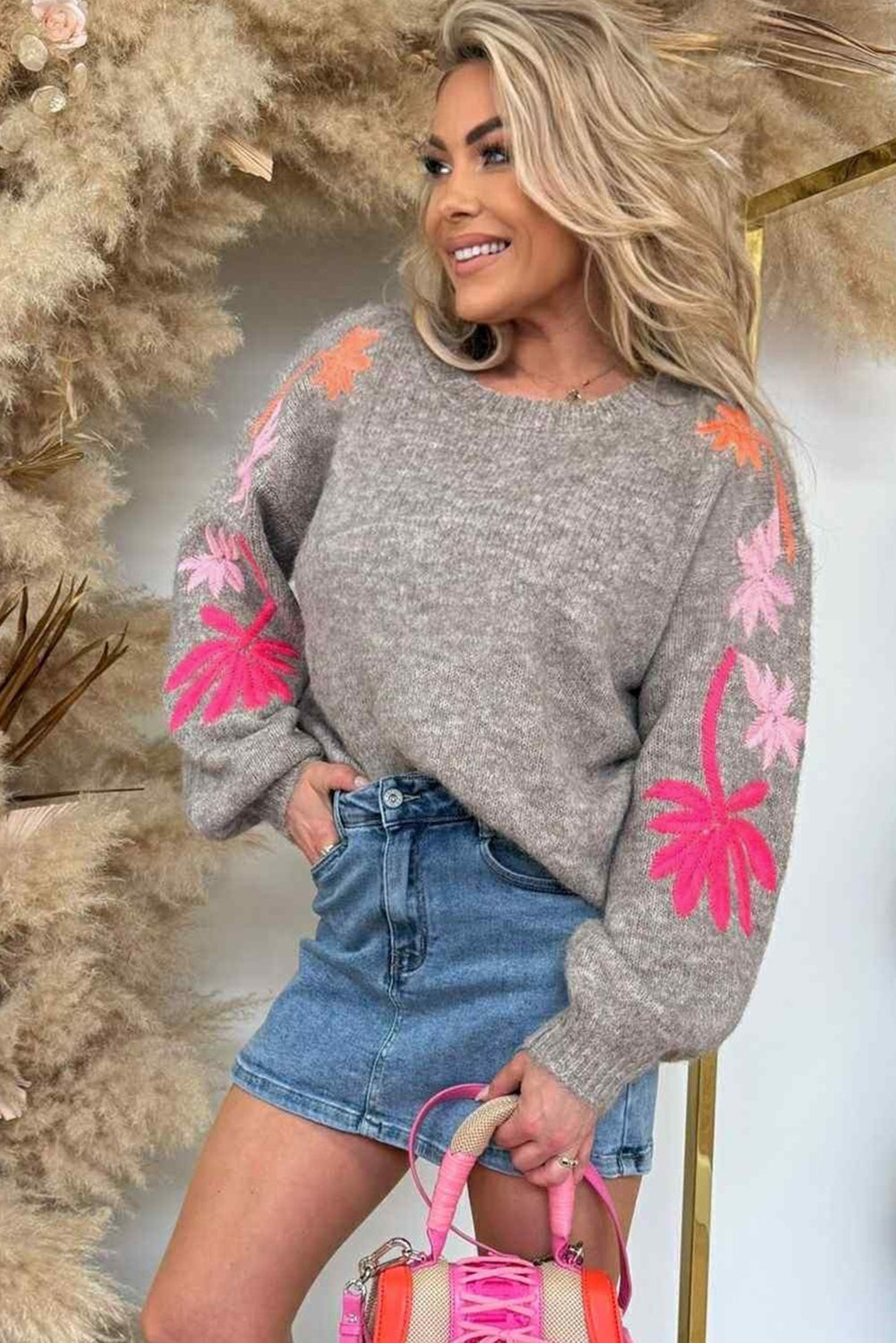 Embroidered Floral Sleeve Round Neck Loose Sweater eAura