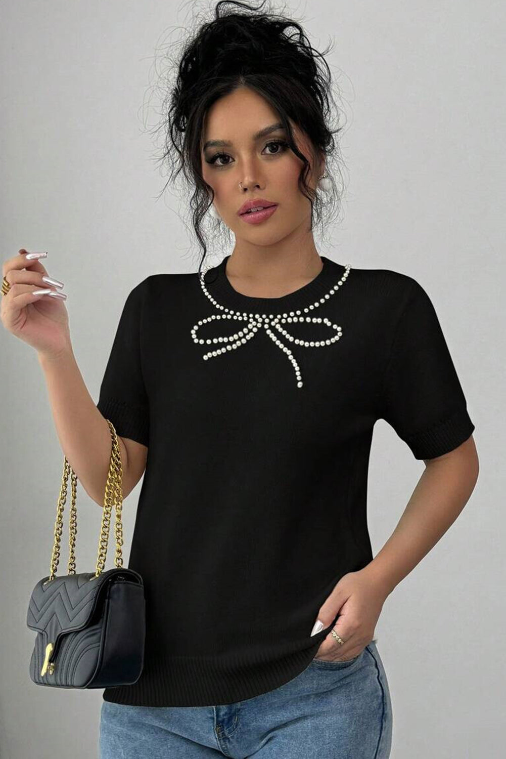 Black Pearl Bow Necklace Embellished Short Sleeve Knitted T Shirt eAura
