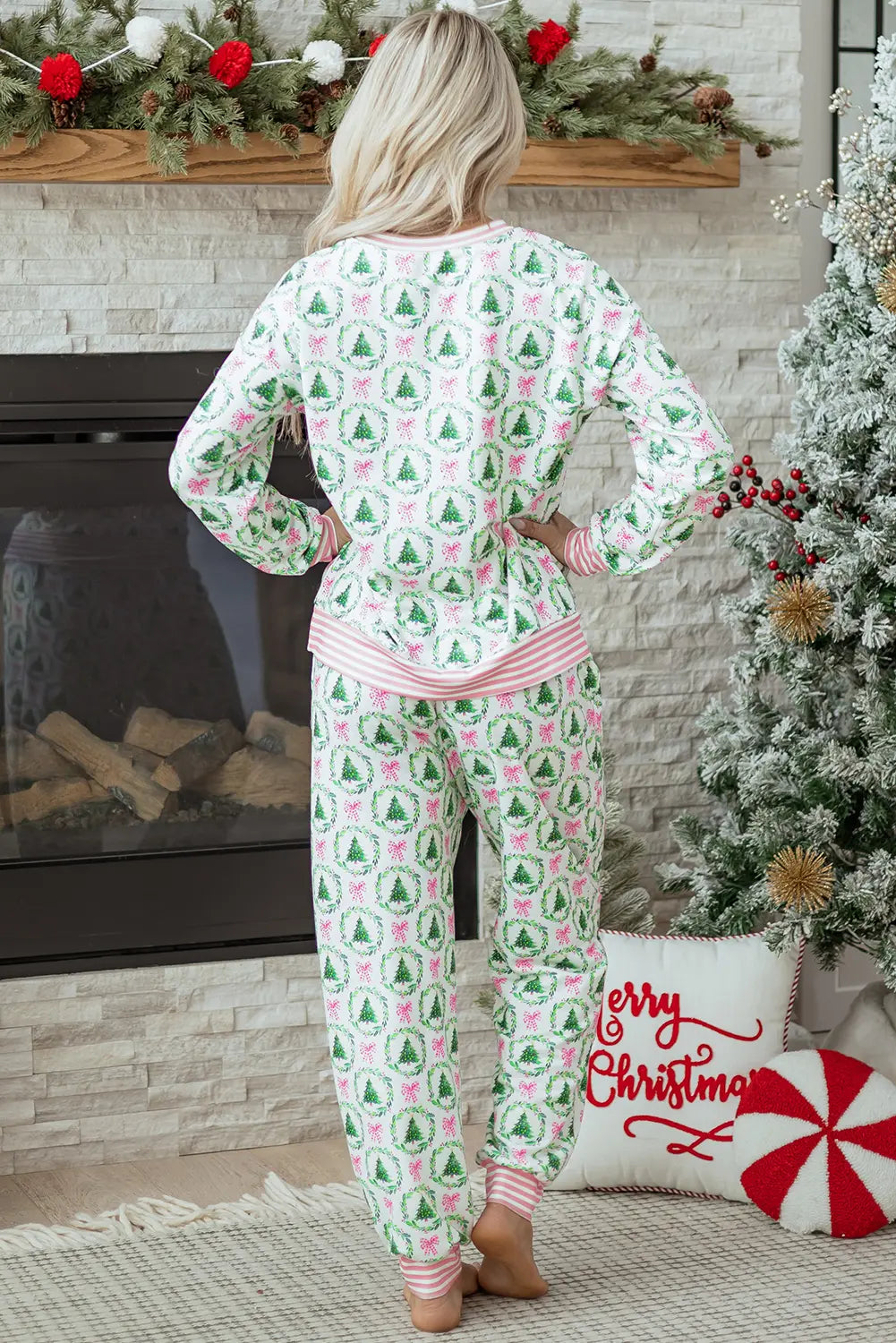 Bow Christmas Tree Print Contrast Striped Banding 2pcs Lounge Set