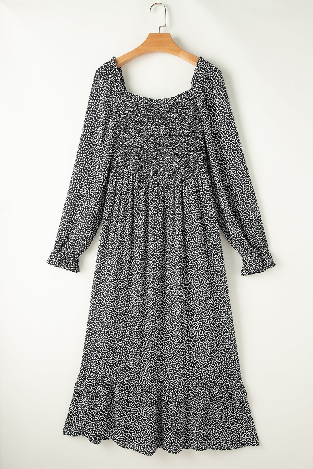 Black Floral Printed Long Sleeve Square Neck Midi Dress eAura