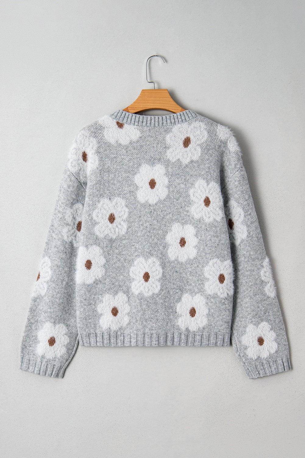 Flower Print V-Neck Drop Shoulder Oversized Sweater - eAura