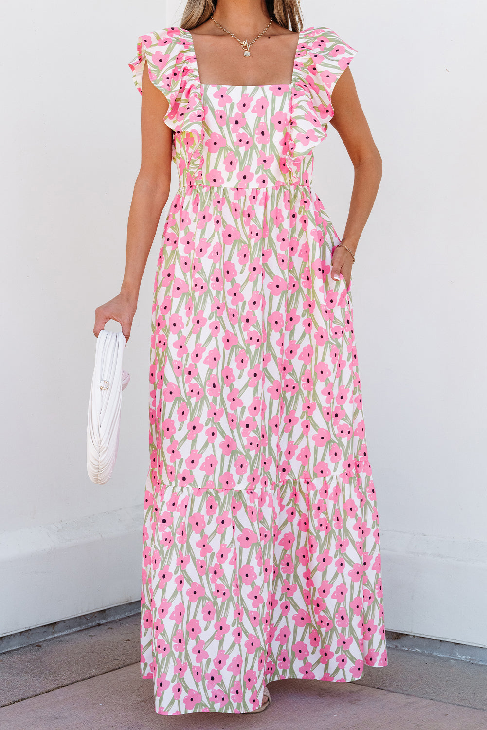 Pink Floral Print Square Neck Ruffled Strap Maxi Dress eAura