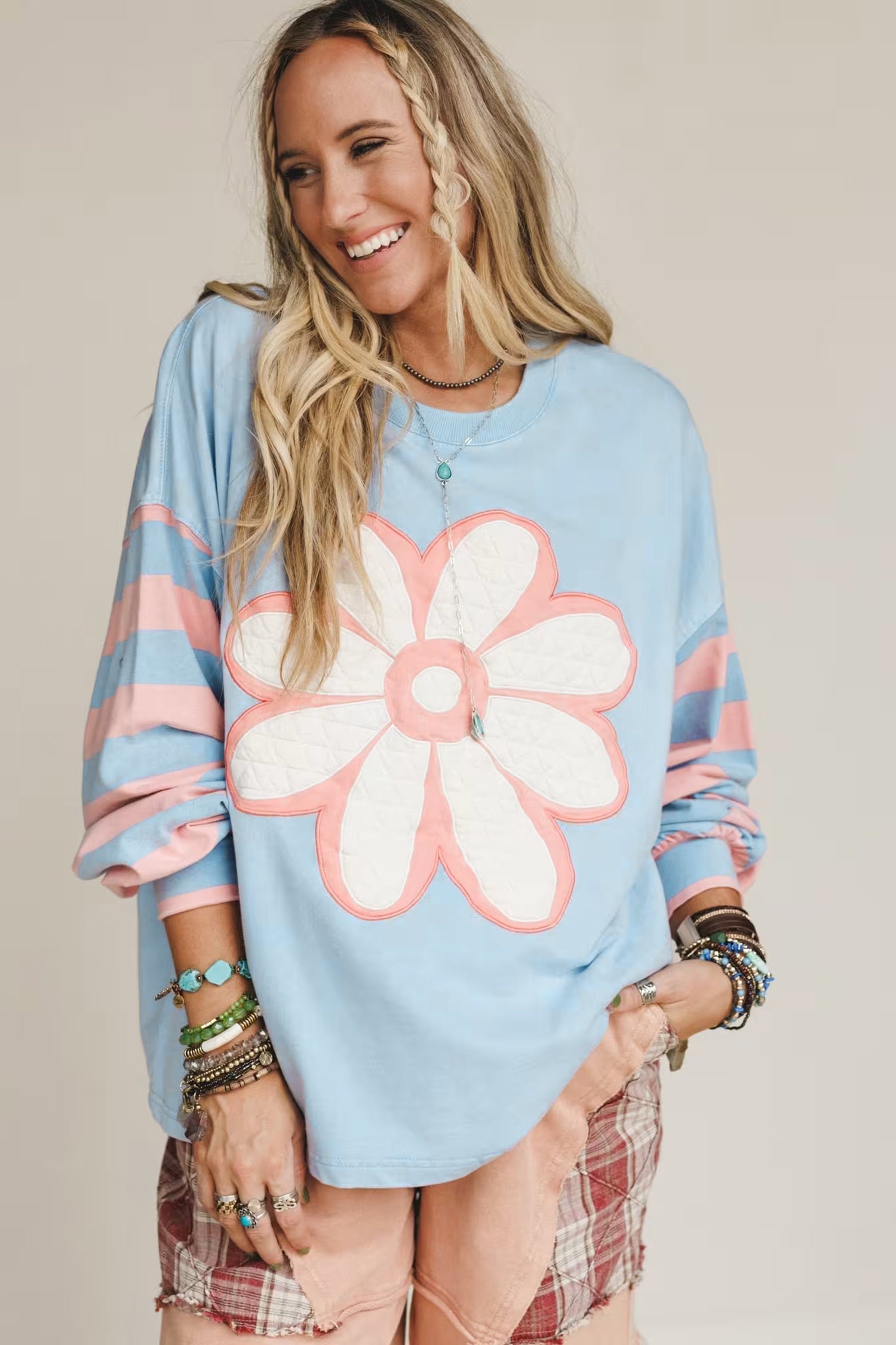 Big Flower Patch Drop Shoulder Long Sleeve Top - eAura