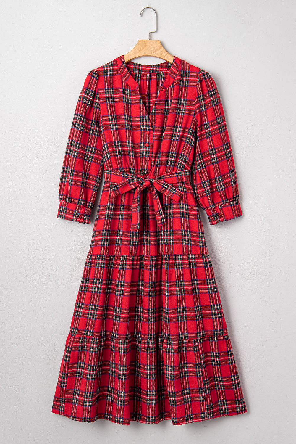 Christmas Plaid Print V-Neck 3/4 Sleeve Tie Waist Long Dress - eAura