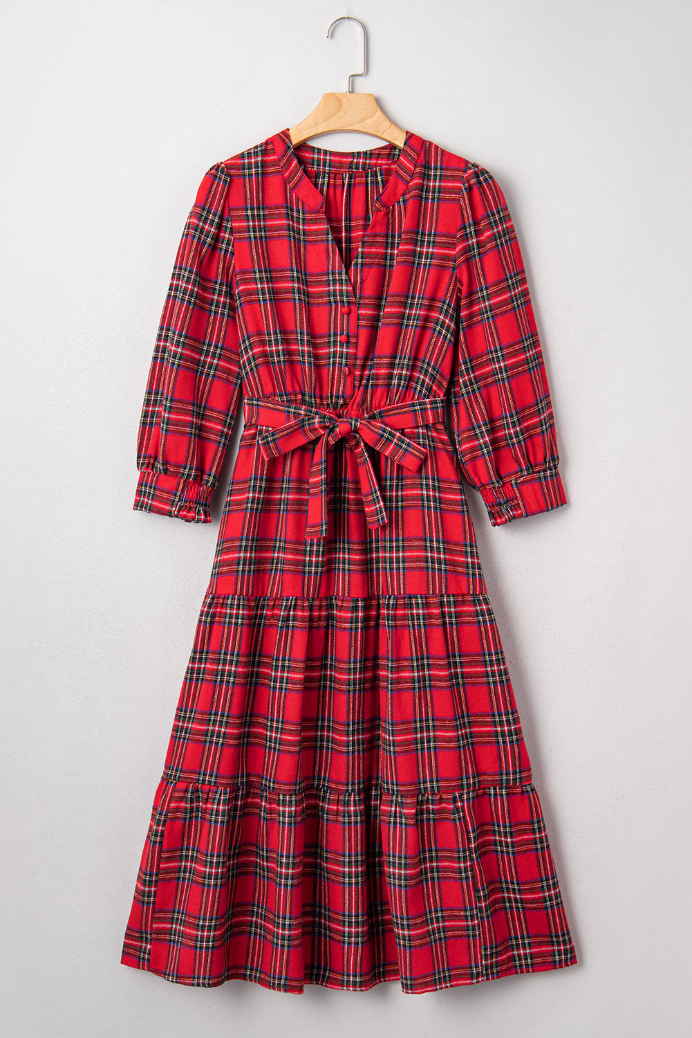 Christmas Plaid Print V-Neck 3/4 Sleeve Tie Waist Long Dress - eAura